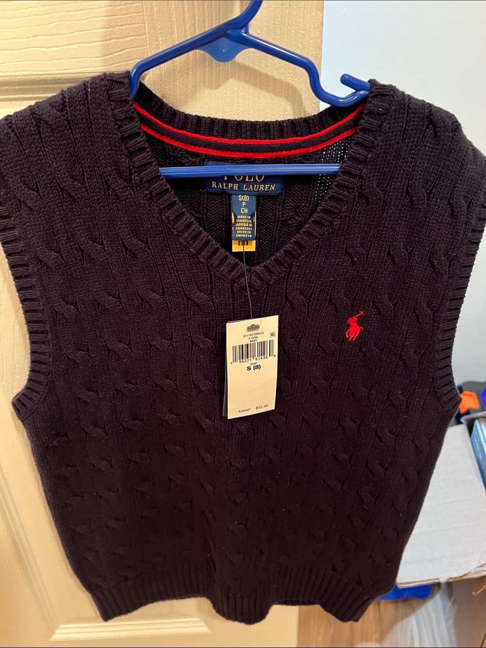 Ralph Lauren Men’s Navy Cable-Knit V-Neck Sweater Vest with Red Pony